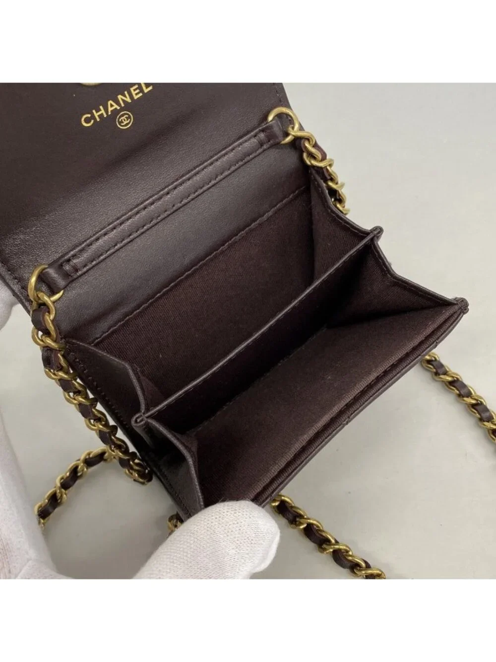 Chanel Shoulder Wallet Quilted Lambskin Dark Brown Gold